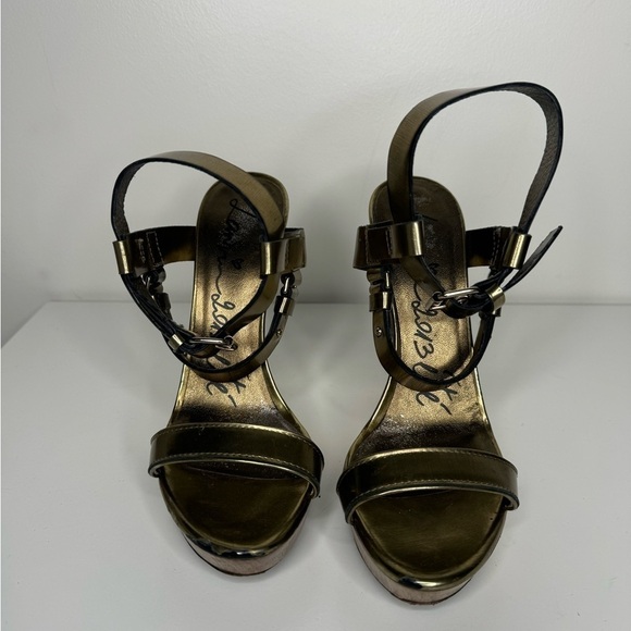 Lanvin Gold Metallic Leather Ankle Heels Sz 39.5 - Picture 2 of 6